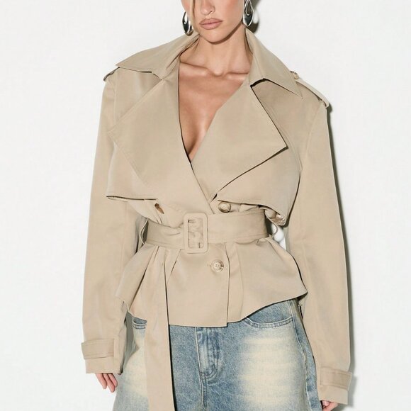 Khaki Casual Women's Double Breasted Cropped Trench Coat - Picture 5 of 5